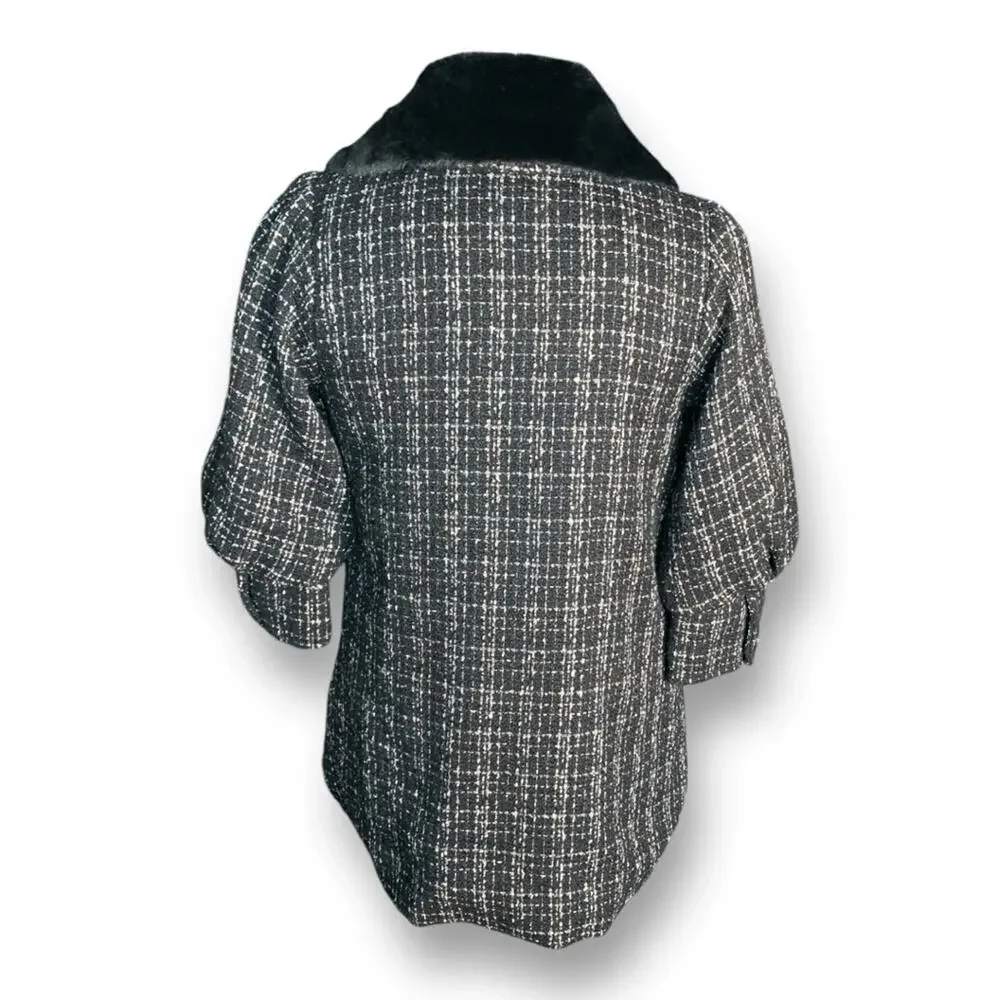 Hazel‎ Anthropologie Black White Tweed Coat Faux Fur Collar Puff Sleeves Small